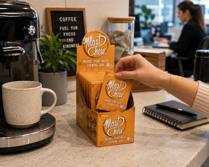 Mast Chew Organic Original Mastic Chewing Gum 12-pack display at office coffee station